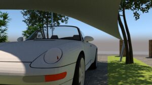 Porsche-carport-zeildoek-maatwerk-zonder-vergunning-lichtdoorlatend Porsche-carport-hoogwaardig-materiaal-duurzame-zeilcarport